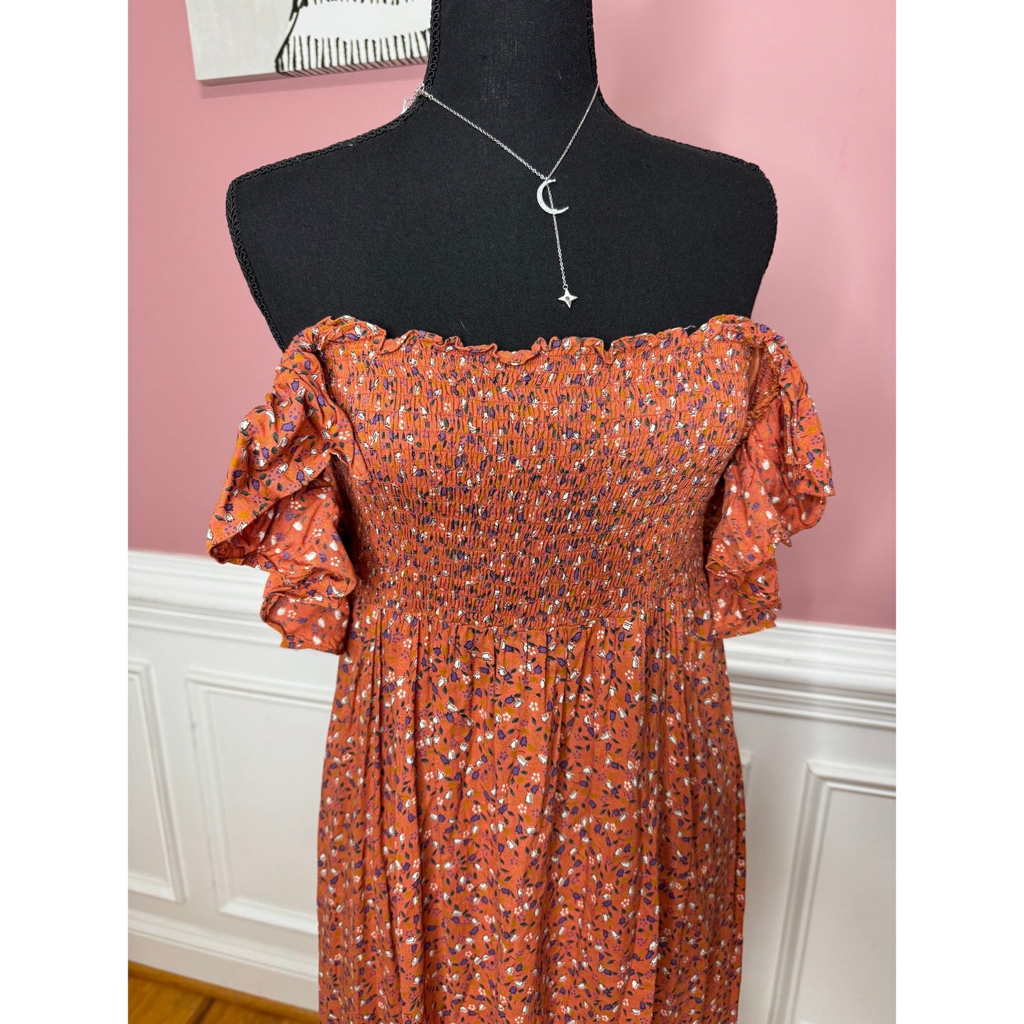 byTimo Floral Maxi Dress Orange Floral Small Short Sleeve Ruffle Smocked Cotton