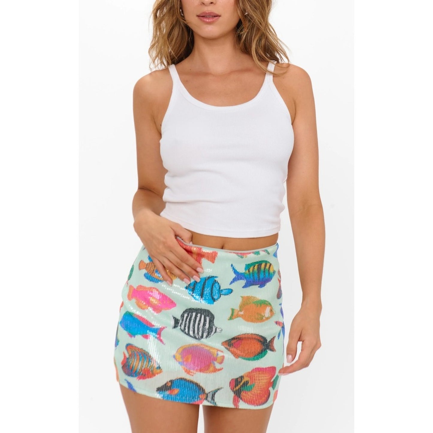 Show Me Your Mumu Tropical Fish Sequin Mini Skirt Mint Green Multi Color Large