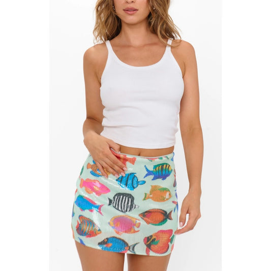 Show Me Your Mumu Tropical Fish Sequin Mini Skirt Mint Green Multi Color Large