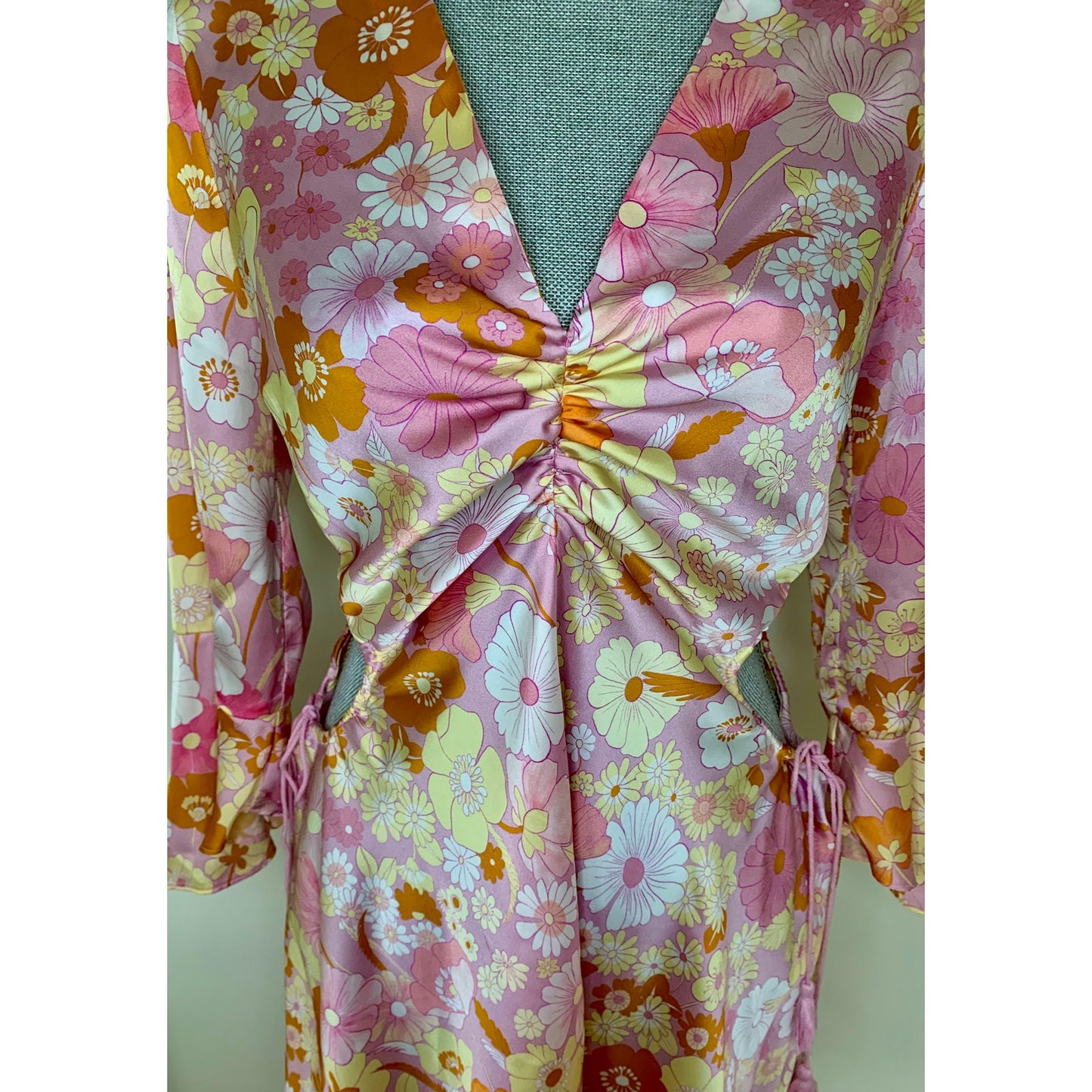 Maje Flower Power Print Satin Dress Size 40 Knee Length Long Sleeve Tasseled