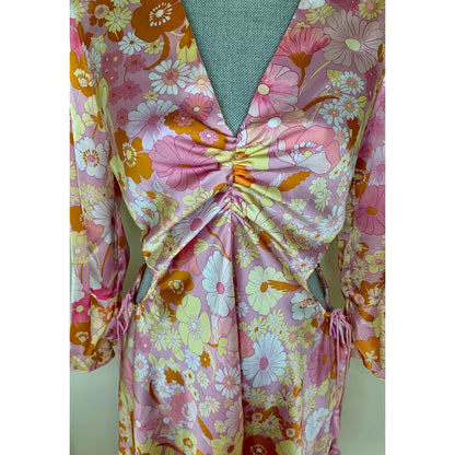 Maje Flower Power Print Satin Dress Size 40 Knee Length Long Sleeve Tasseled