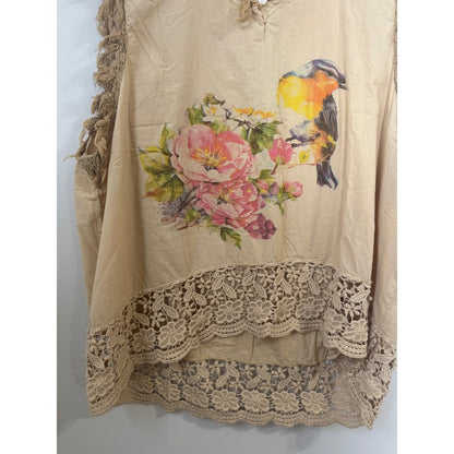 A Rare Bird Tan Bird Floral Butterfly Crochet Lace Trim Frayed Boho Top