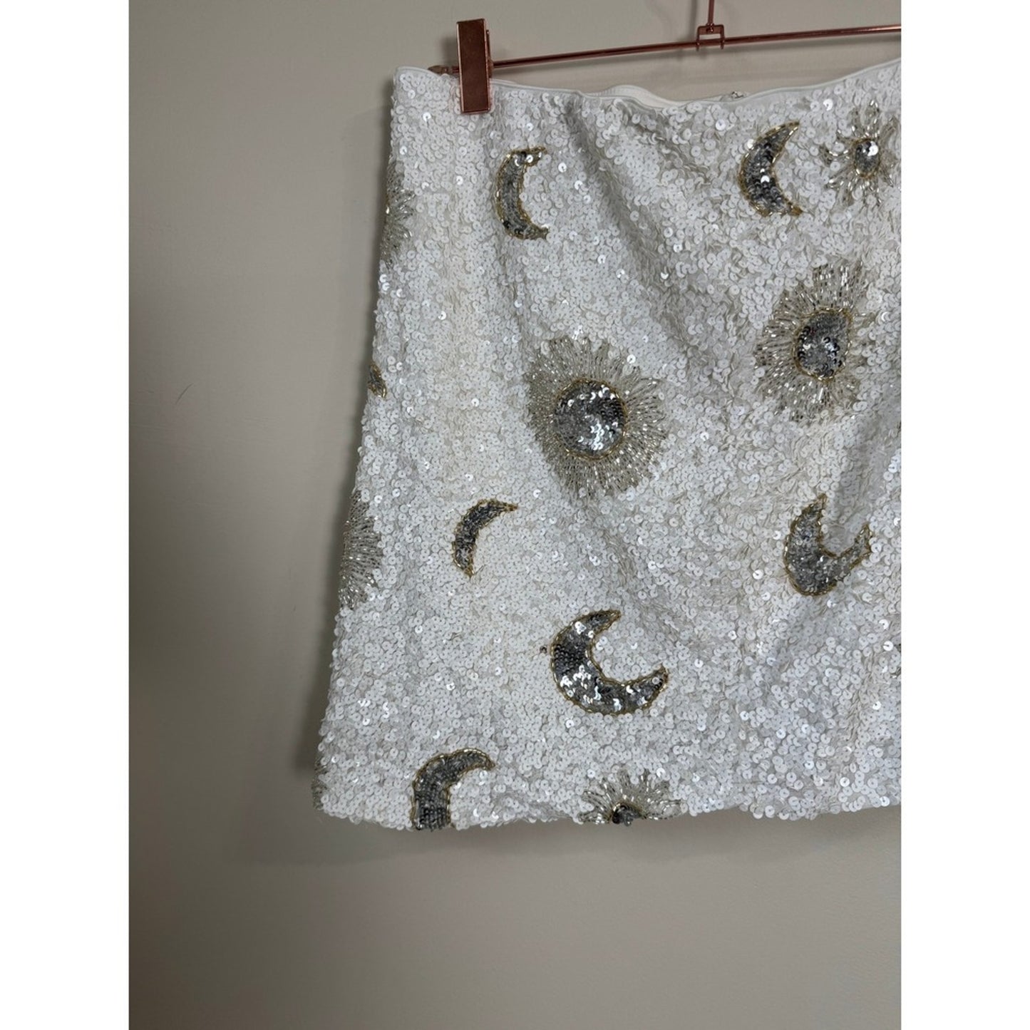 Show Me Your Mumu White Sequin Sun and Moon Celestial Beaded Mini Skirt Silver