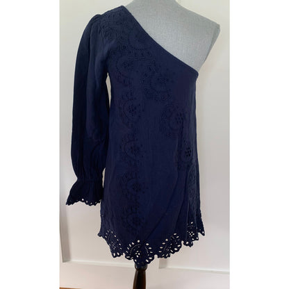 Hill House The Mila Mini Dress in Navy Blue Small One Shoulder Eyelet Linen