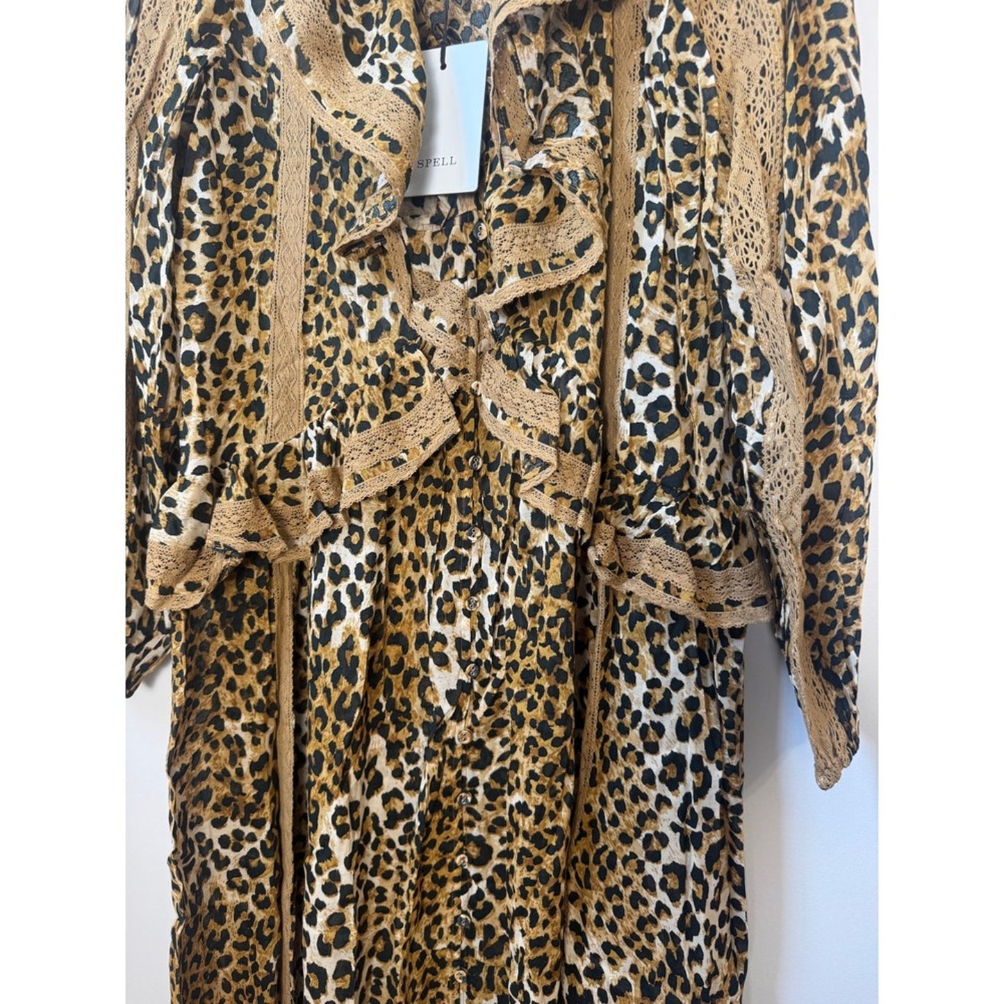 Spell Samantha Lace Gown Vintage Leopard Maxi Dress Ruffle Boho Animal Print L