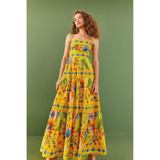 Farm Rio Summer Garden Maxi Dress Yellow Floral Smocked Strappy Size S