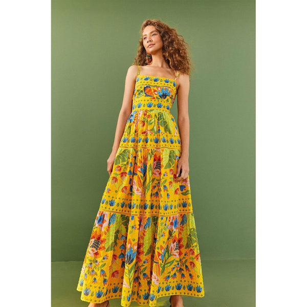 Farm Rio Summer Garden Maxi Dress Yellow Floral Smocked Strappy Size S