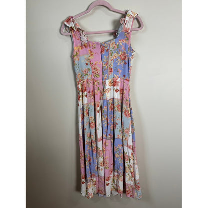 Yumi Kim Floral Patchwork Ruffle Midi Dress Pastel Pink Blue XS Garden Party