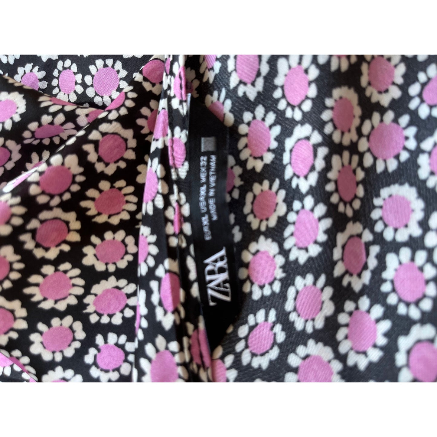 Zara Satin Effect Slip Midi Dress Black/Pink Floral Size XL