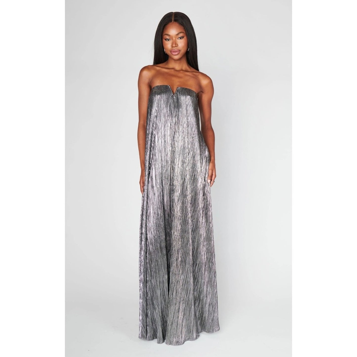Show Me Your Mumu  Metallic Pleated Strapless Maxi Dress Large V-Notch Gown