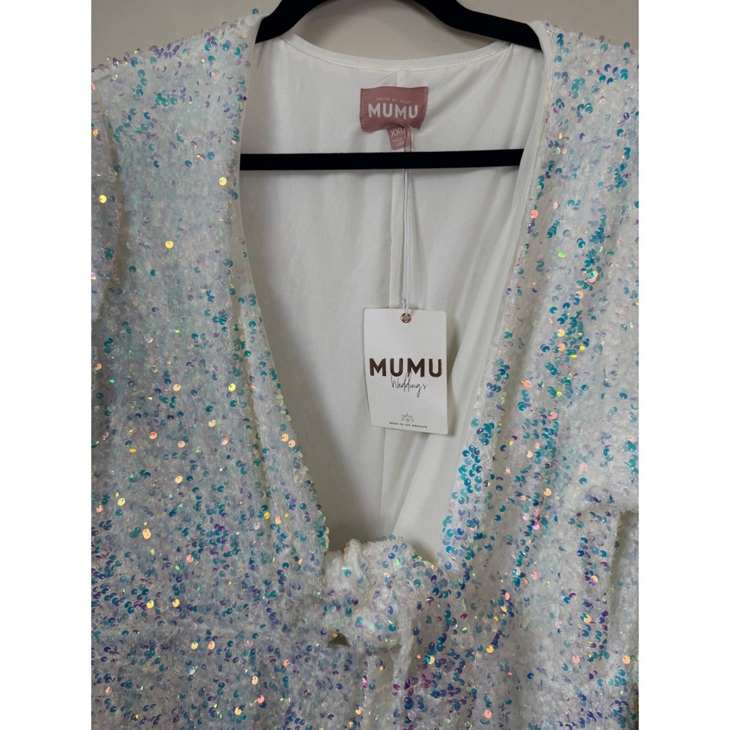 Show Me Your Mumu White Iridescent Sequin Jumpsuit Tie Front Flare XXL NEW