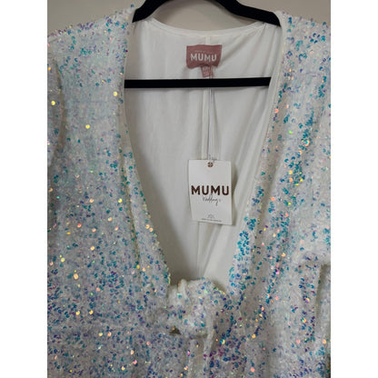 Show Me Your Mumu White Iridescent Sequin Jumpsuit Tie Front Flare XXL NEW
