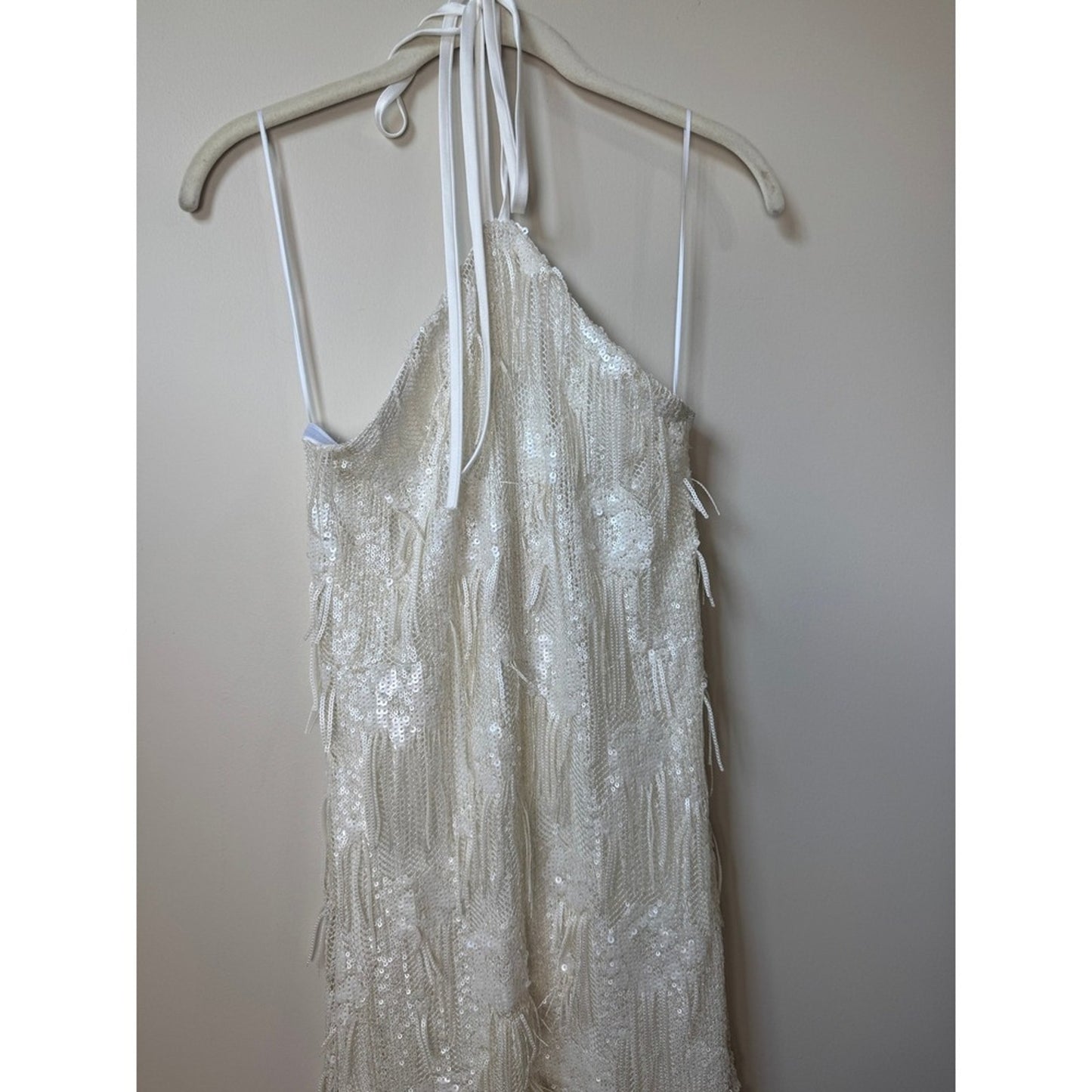 Show Me Your Mumu White Sequin Fringe Halter Maxi Dress XXS Bridal Formal Gown