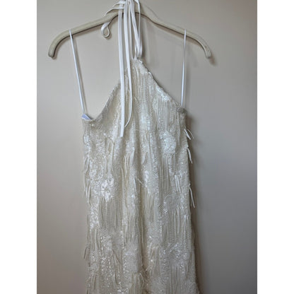 Show Me Your Mumu White Sequin Fringe Halter Maxi Dress XXS Bridal Formal Gown