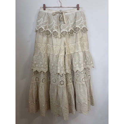 Jaded Gypsy Boho Tiered Eyelet Lace Wide Leg Pants Beige Ruffle Lagenlook Pants