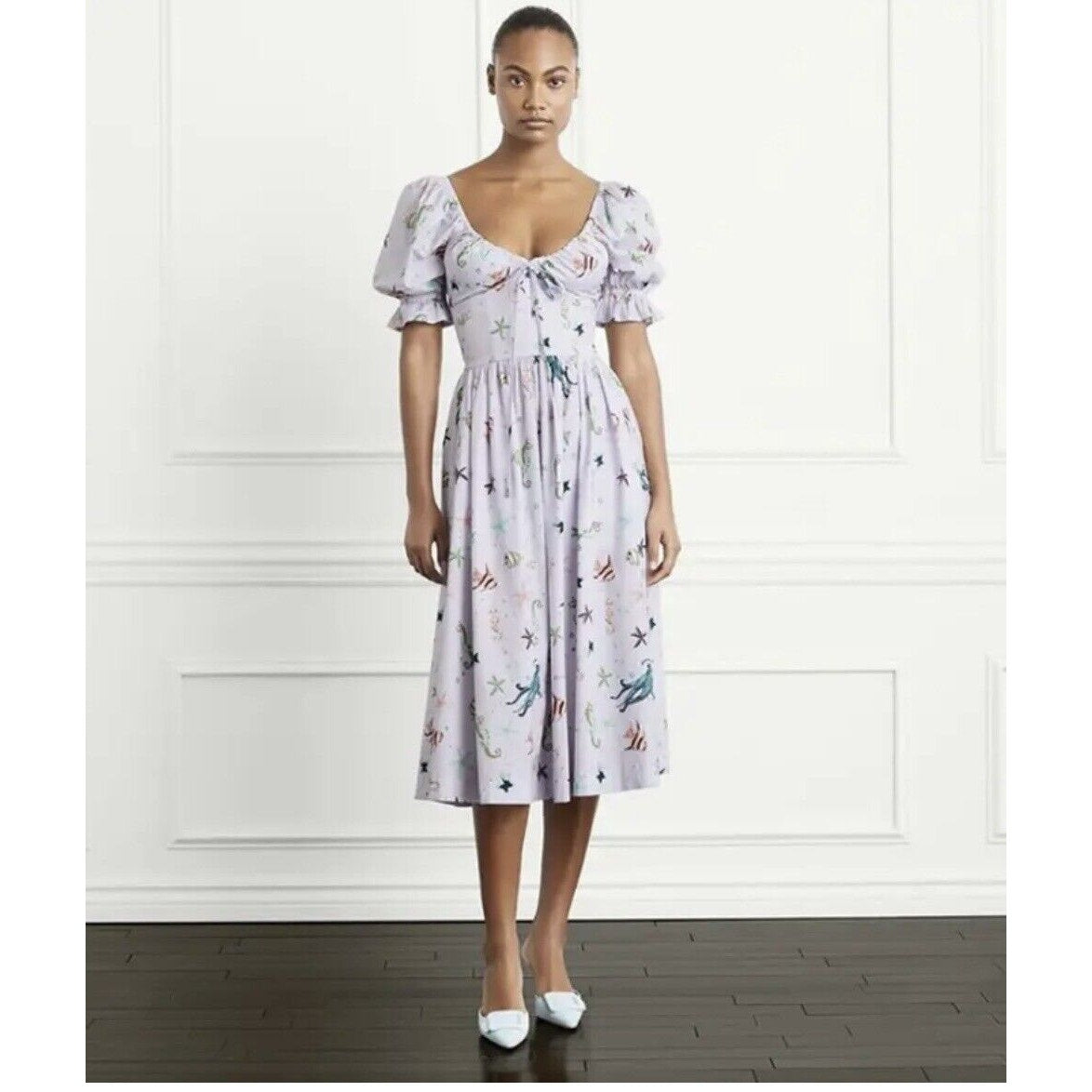Hill House The Ophelia Midi Dress in Sea Creatures Medium Short Sleeve V-Neck