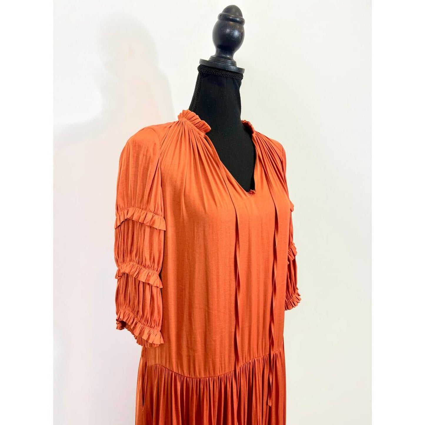 Rebecca Taylor Women's Pleated Sleeve Dress in Orange Size XS Midi A-Line V-Neck
