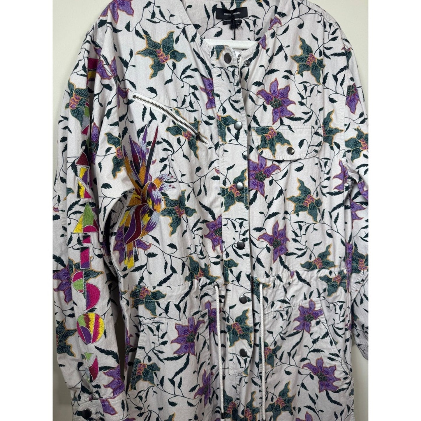 Isabel Marant Etoile Floral Bird Embroidered Utility Jumpsuit Ivory Purple