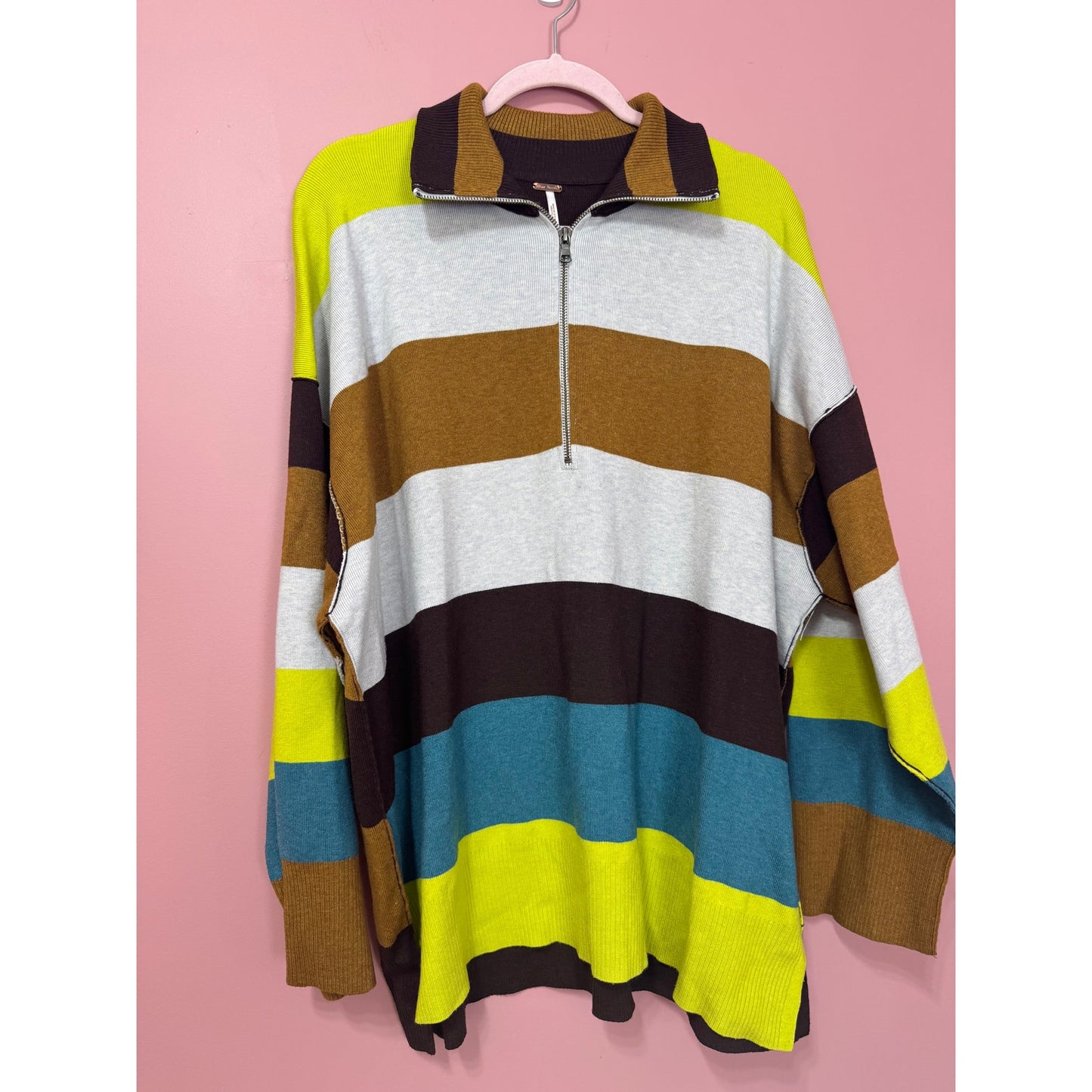 NEW Free People Coastal Stripe Quarter ZIp Oversized Sweater Size Small