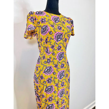 Rhode Lulani Midi Dress in Gold Lotus‎ Printed Size 0 Floral Fluted Hem Lined