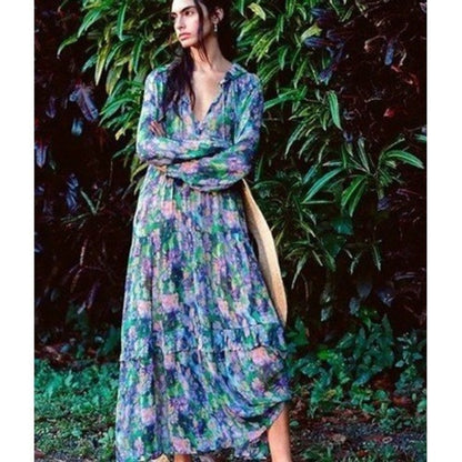 Anthropologie Tiered Floral Maxi Dress Purple Green Boho  V-Neck Long Sleeve