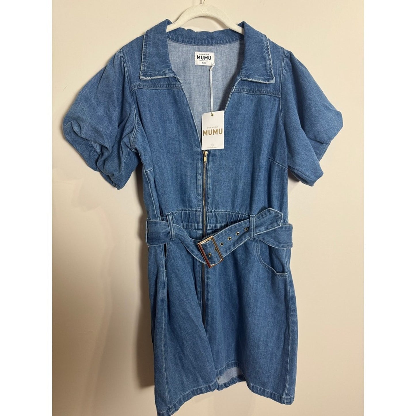Show Me Your Mumu Denim Mini Dress Puff Sleeve Belted Zip Front Blue XXL NWT
