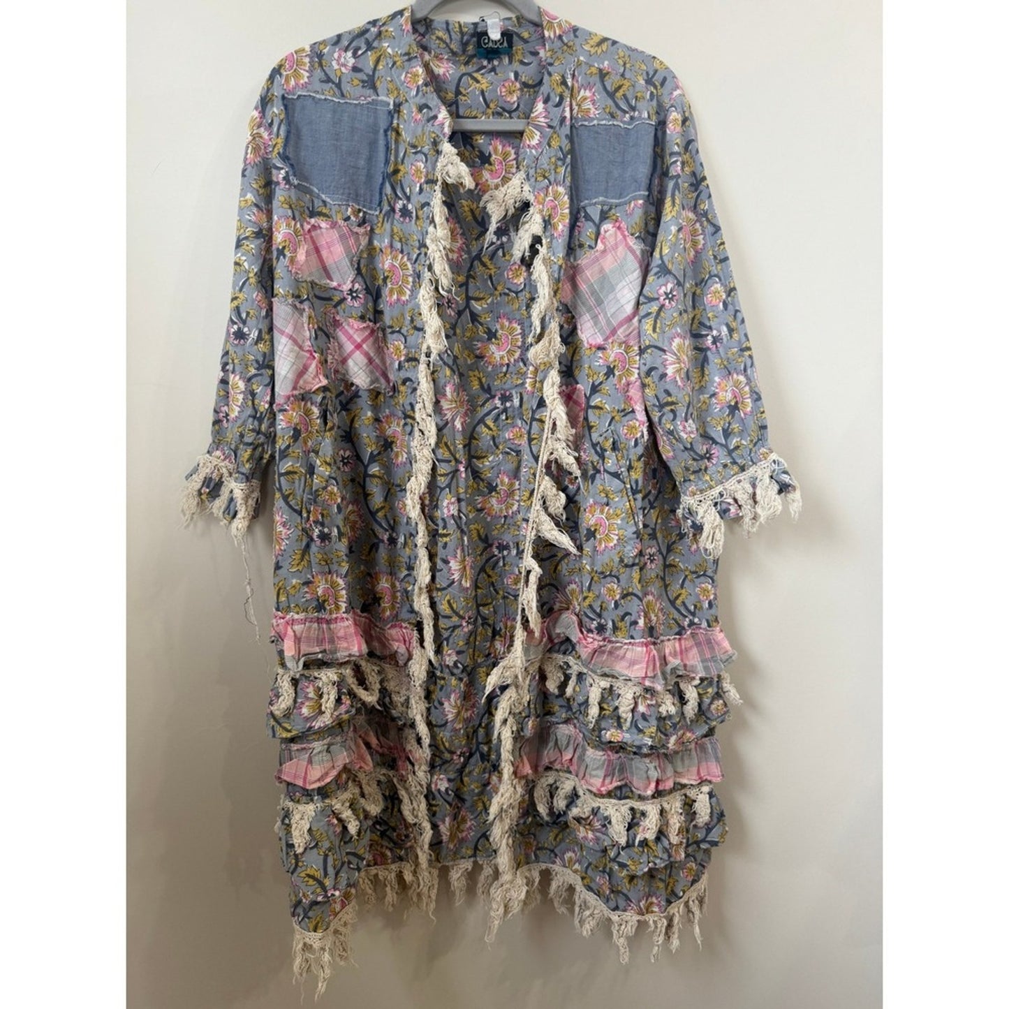 Jaded Gypsy Floral Patchwork Peace Sign Boho Duster Cardigan Blue Pink Fringe