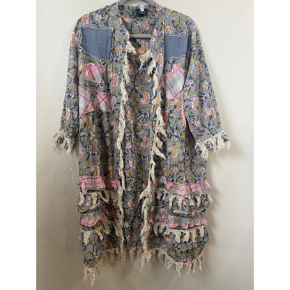 Jaded Gypsy Floral Patchwork Peace Sign Boho Duster Cardigan Blue Pink Fringe