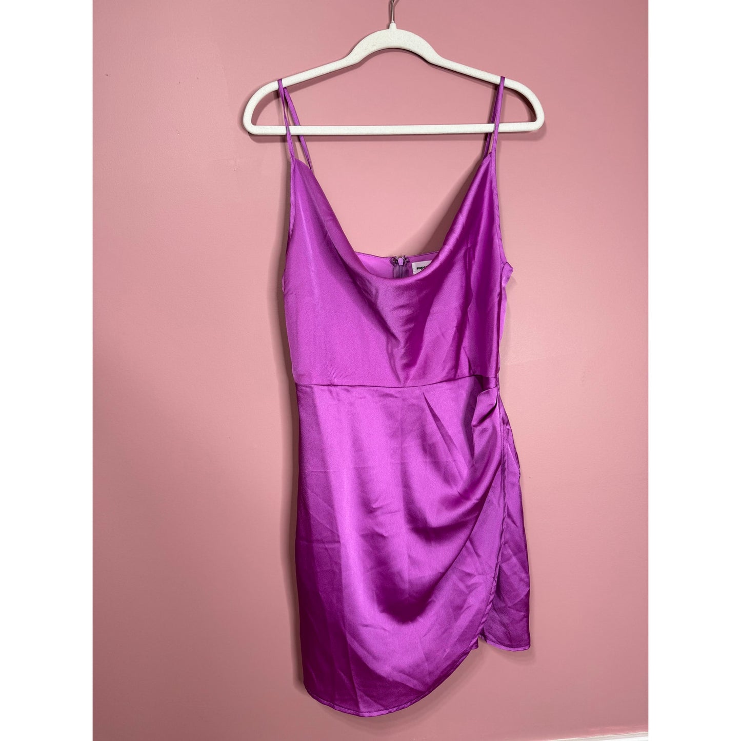 Superdown Arezo Cowl Neck Wrap Mini Dress in Purple Large Satin Cowl Neck Ruched