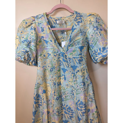 Lovaan Floral Puff Sleeve Mini Dress Blue Yellow V-Neck Summer Garden Party NEW