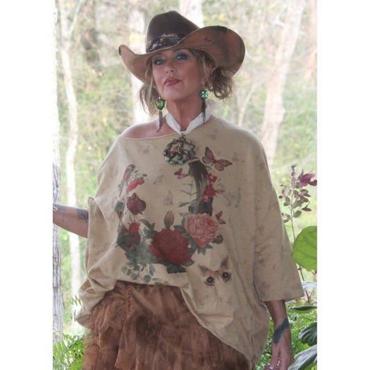 Jaded Gypsy Boho Oversized Butterfly Floral Horseshoe Slub Knit Top Tan OS