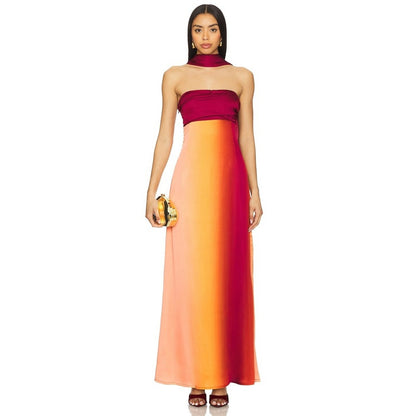 YLLW Ombre Strapless Maxi Dress Burgundy Orange Gradient with Scarf New