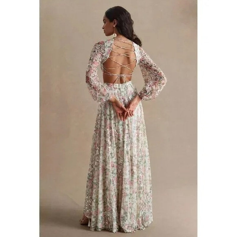 NEW NWT Mac Duggal Floral Sequined Cut Out Lace Up Gown A93746 Size 4