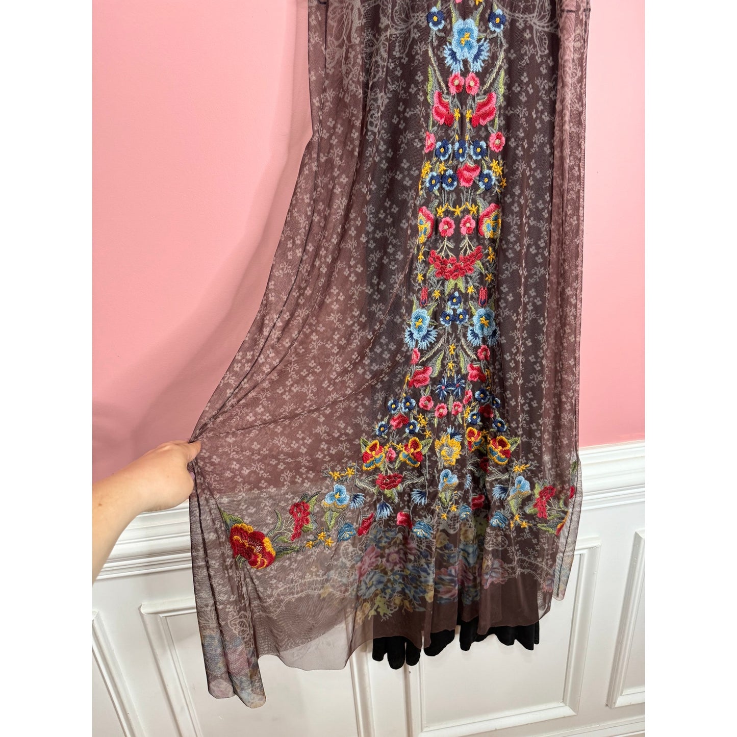 Johnny Was Eleir Printed Mesh Maxi Dress Size XS Floral Sleeveless Embroidered