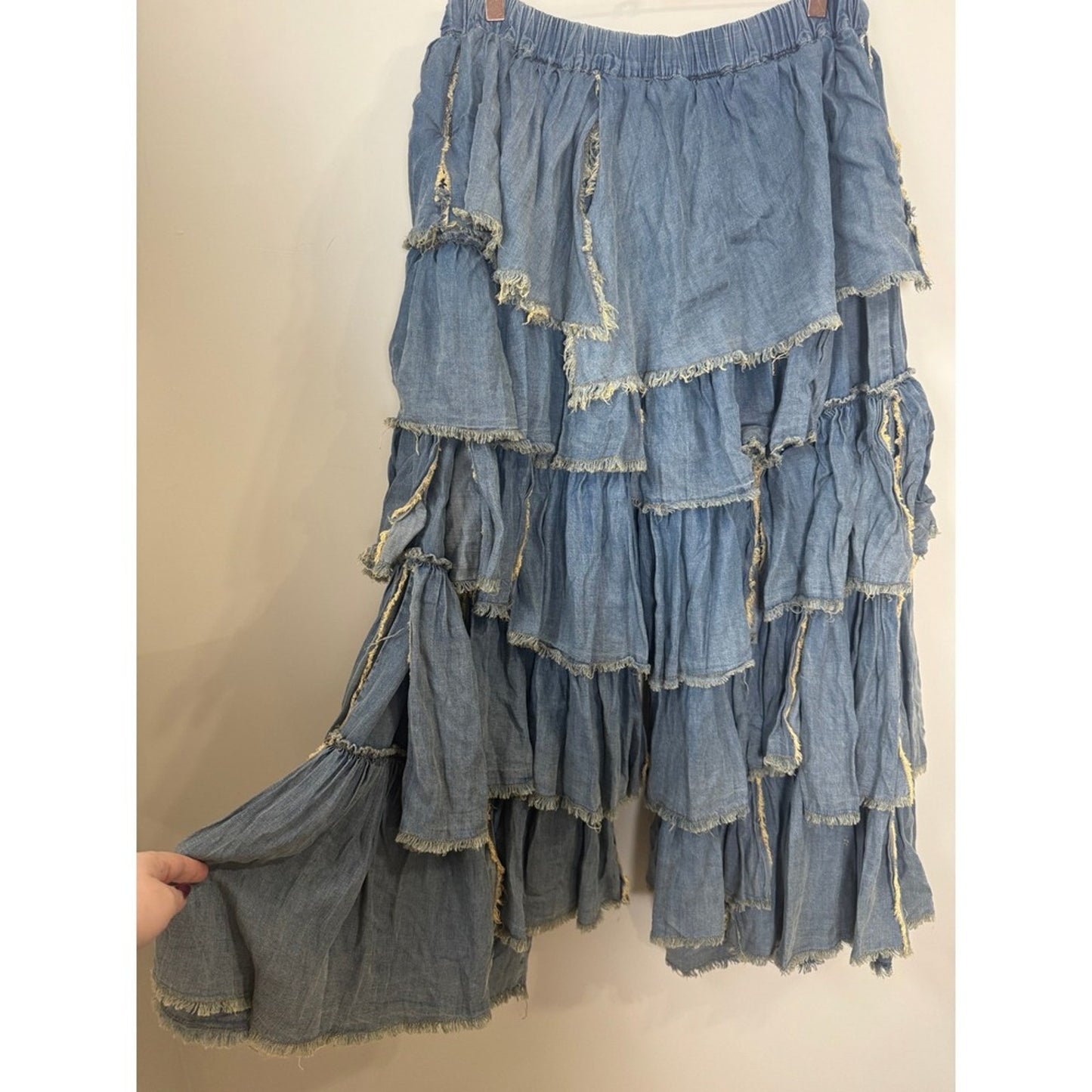 Jaded Gypsy Blue Denim Tiered Ruffle Frayed Wide Leg Pants Lagenlook Boho L/XL