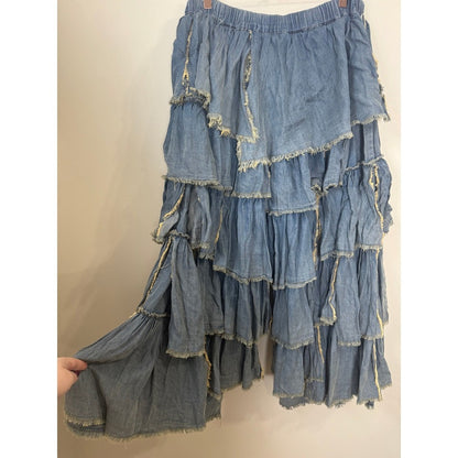 Jaded Gypsy Blue Denim Tiered Ruffle Frayed Wide Leg Pants Lagenlook Boho L/XL