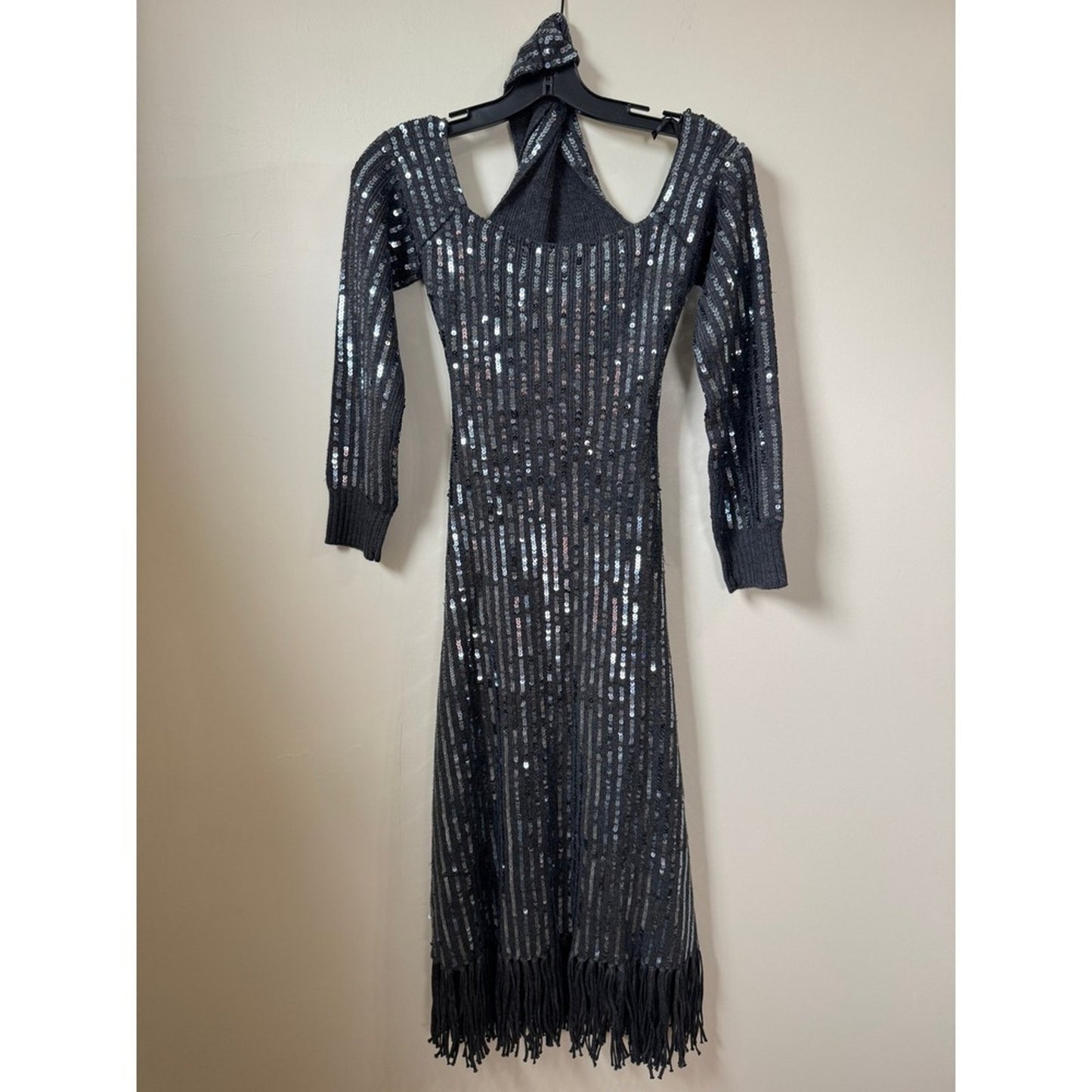 Monse Sequin Cold Shoulder Knit Midi Dress Grey Fringe Halter XS