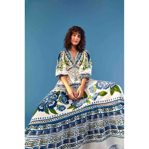 Farm Rio Maxi Dress White Blue Green Floral Bird Print V Neck Tie Waist