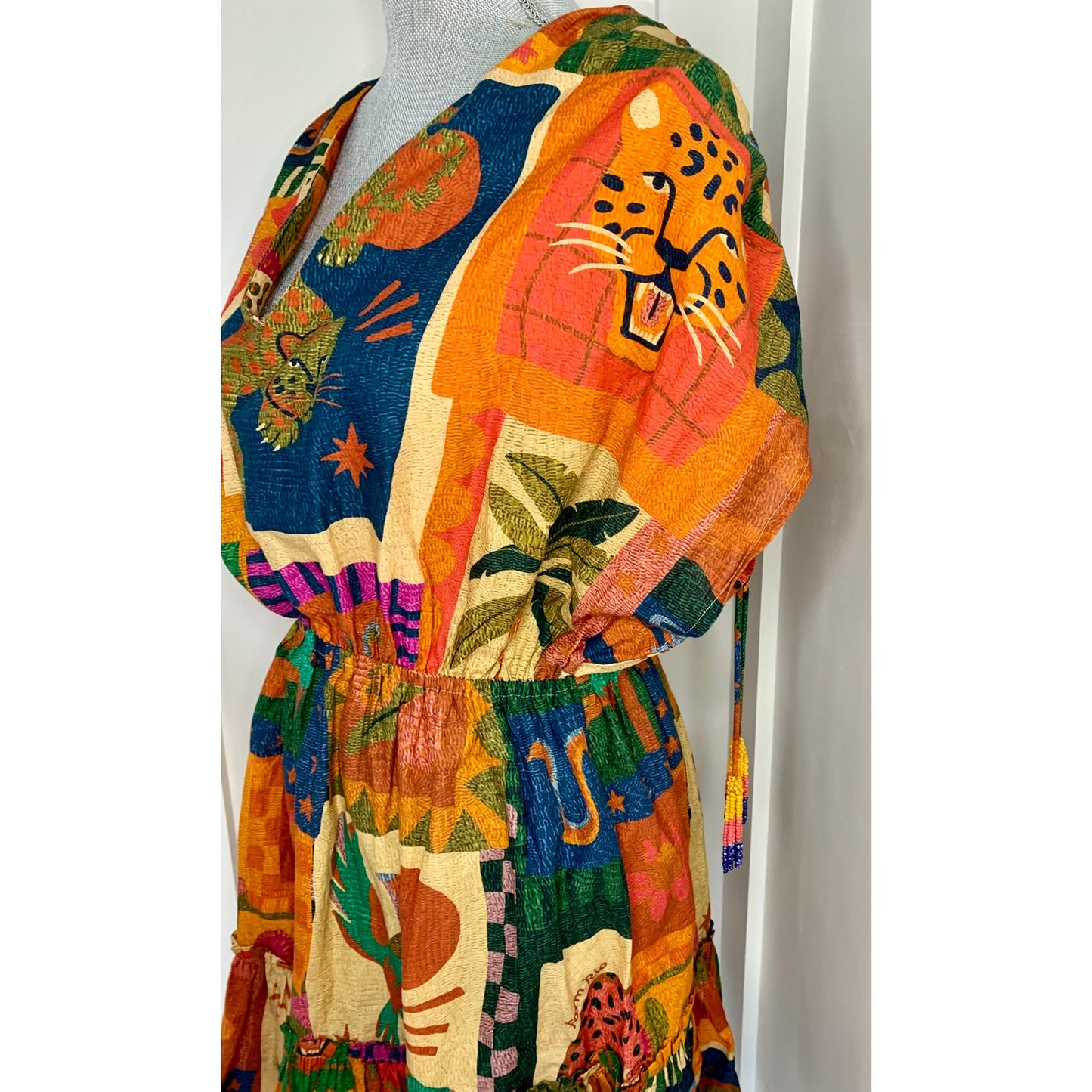 Farm Rio Anthropologie Jungle Printed Cover-Up Mini Dress Small V-Neck Cotton