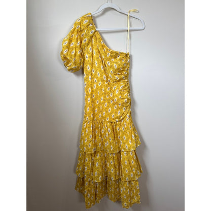 Veronica Beard Yellow Ikat Floral One Shoulder Tiered Ruffle Midi Dress Size 0