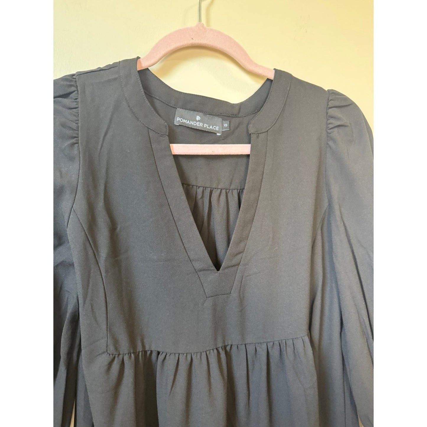 Pomander Place Black Tiered Mini Dress Long Puff Sleeve Smocked Cuff XS