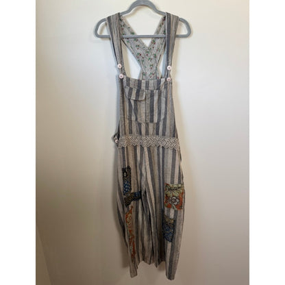 Jaded Gypsy Boho Patchwork Striped Overalls Grey White Lace Trim Slouchy Womens