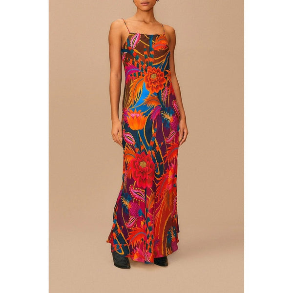 Farm Rio Maxi Dress Tropical Floral Print Spaghetti Strap Silk Blend XS