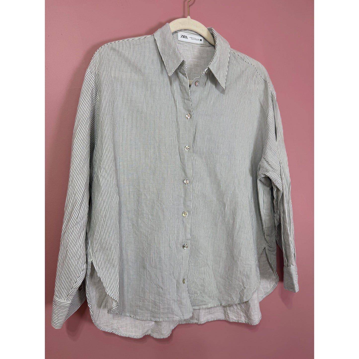 Zara Green Stripe Linen Blend Button Down Blouse Size Medium