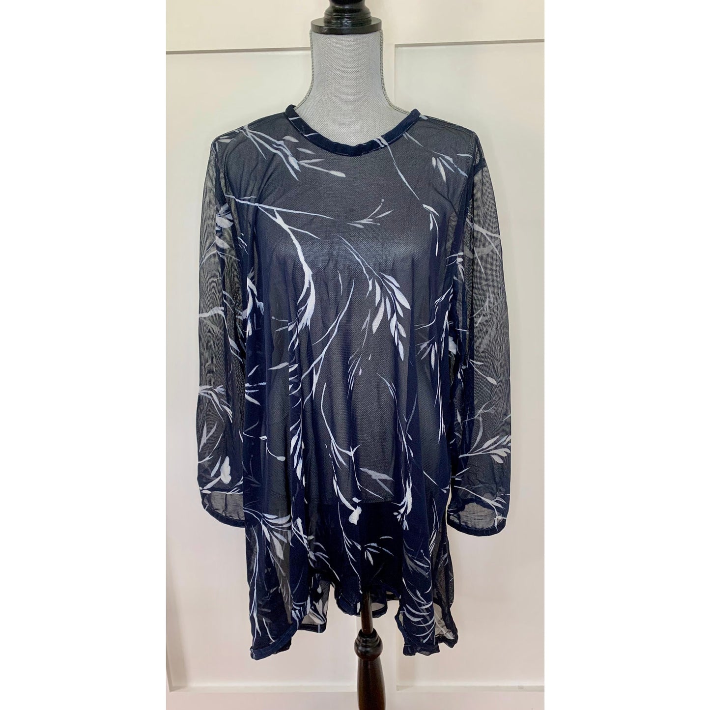 Diane Ness Printed Mini Dress in Navy Sheer Long Sleeve Summer Vacation Resort