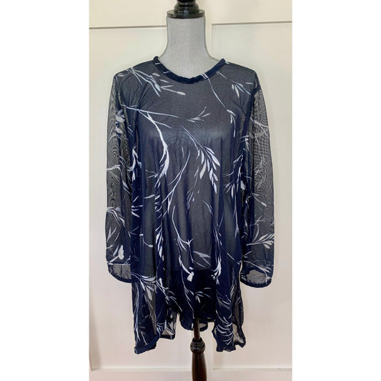 Diane Ness Printed Mini Dress in Navy Sheer Long Sleeve Summer Vacation Resort
