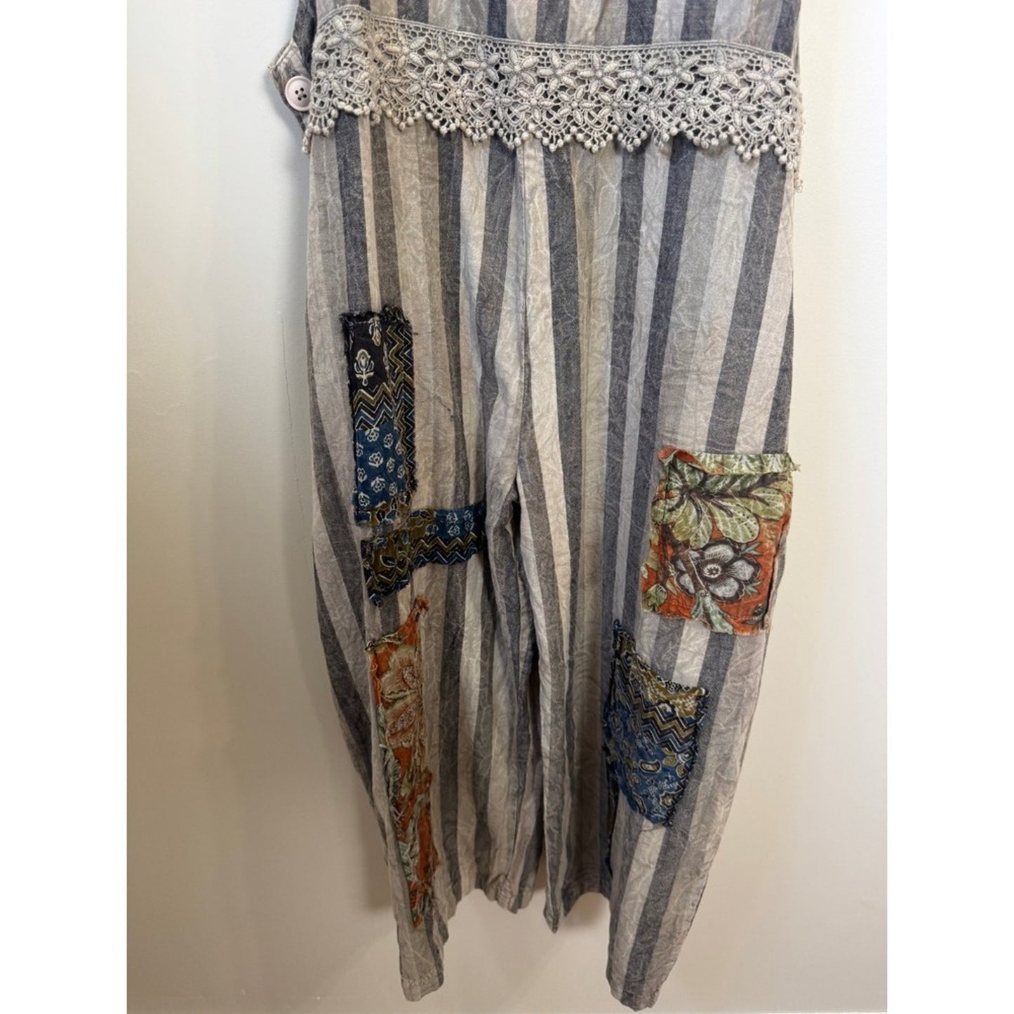 Jaded Gypsy Boho Patchwork Striped Overalls Grey White Lace Trim Slouchy Womens