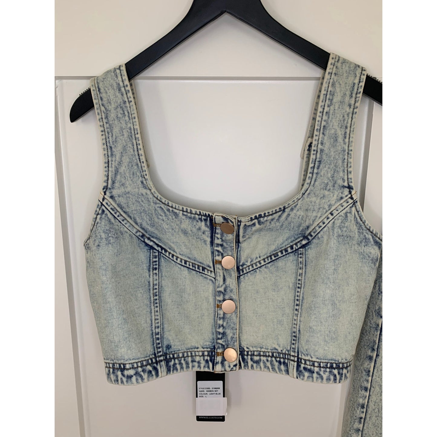 Elliatt Marion Set in Light Blue Large Denim Button Front Cropped Top Midi Skirt