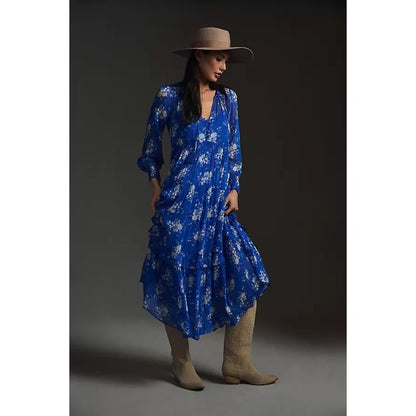 Anthropologie Blue Floral Tiered Maxi Dress Long Sleeve Ruffle V-Neck Boho NWT
