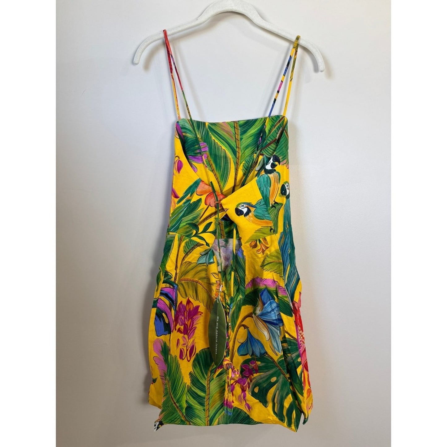 Farm Rio Yellow Tropical Parrot Print Open Back Mini Dress With Tassels NWT